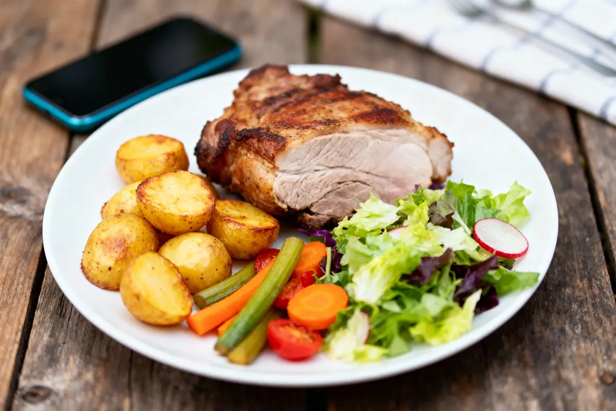 Assiette de viande rôtie avec pommes de terre dorées, légumes colorés, salade fraîche et un smartphone en arrière-plan.