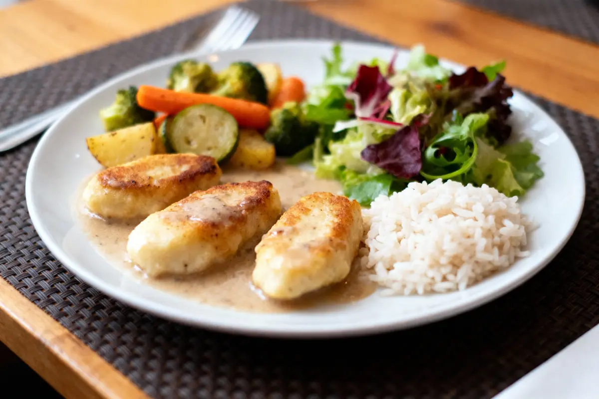 Assiette contenant du poulet doré avec sauce, légumes variés, salade verte et riz blanc, sur nappe tissée.