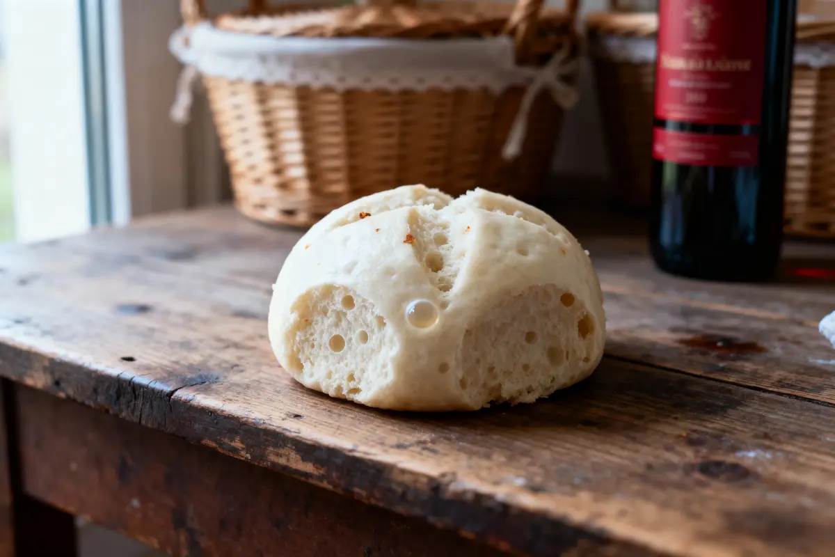Pain fluffy sur une table en bois, avec des paniers et une bouteille de vin floue en arrière-plan.