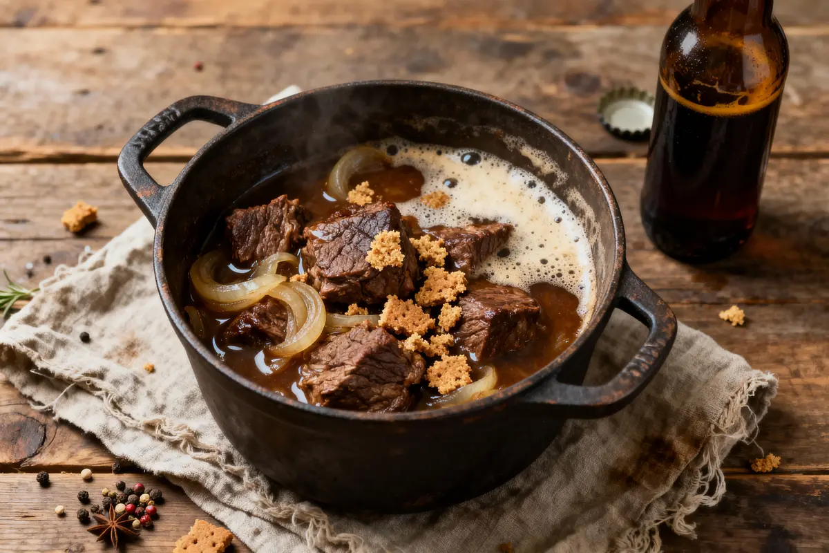 Ragoût de viande dans une casserole en fonte, avec des oignons caramélisés et des morceaux de pain, sur un support en bois.