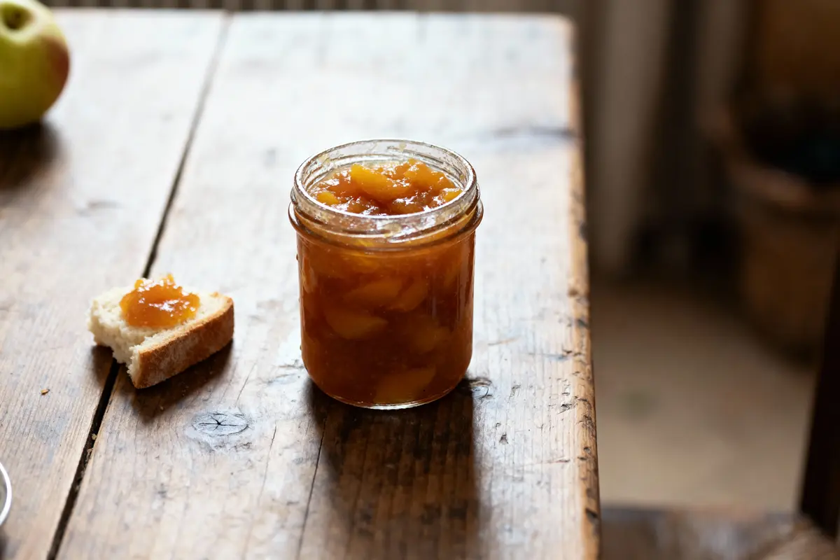 Un pot de confiture à moitié rempli, posé sur une table en bois, avec une tartine recouverte de confiture à côté.