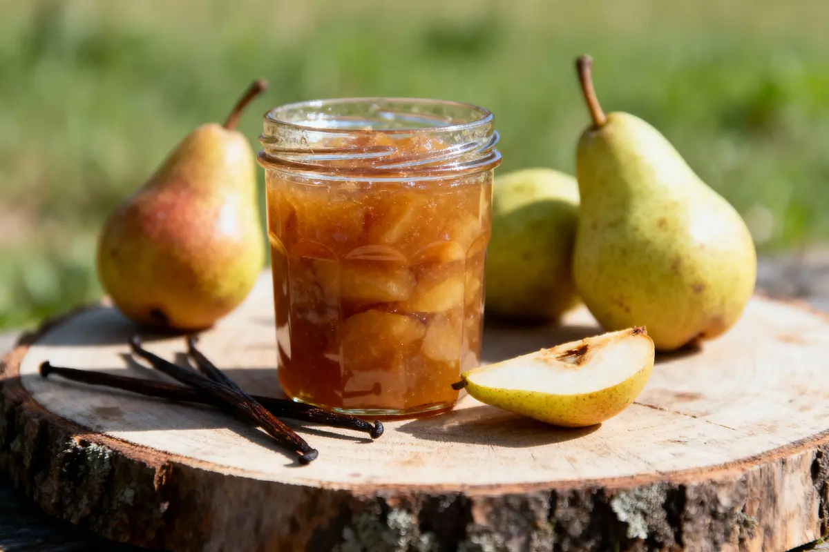 Un pot de confiture de poires sur une tranche de bois, entouré de poires fraîches et de gousses de vanille.