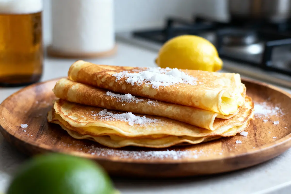 Des crêpes dorées empilées sur une assiette en bois, saupoudrées de sucre, accompagnées d'un citron et d'une bière.