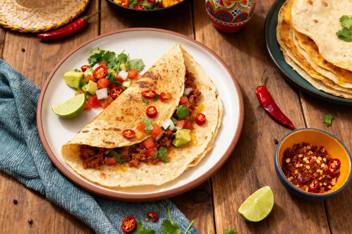 Tacos garnis de viande, tomates, avocat et piment, accompagnés de quartiers de lime et d'assaisonnements, sur une table en bois.