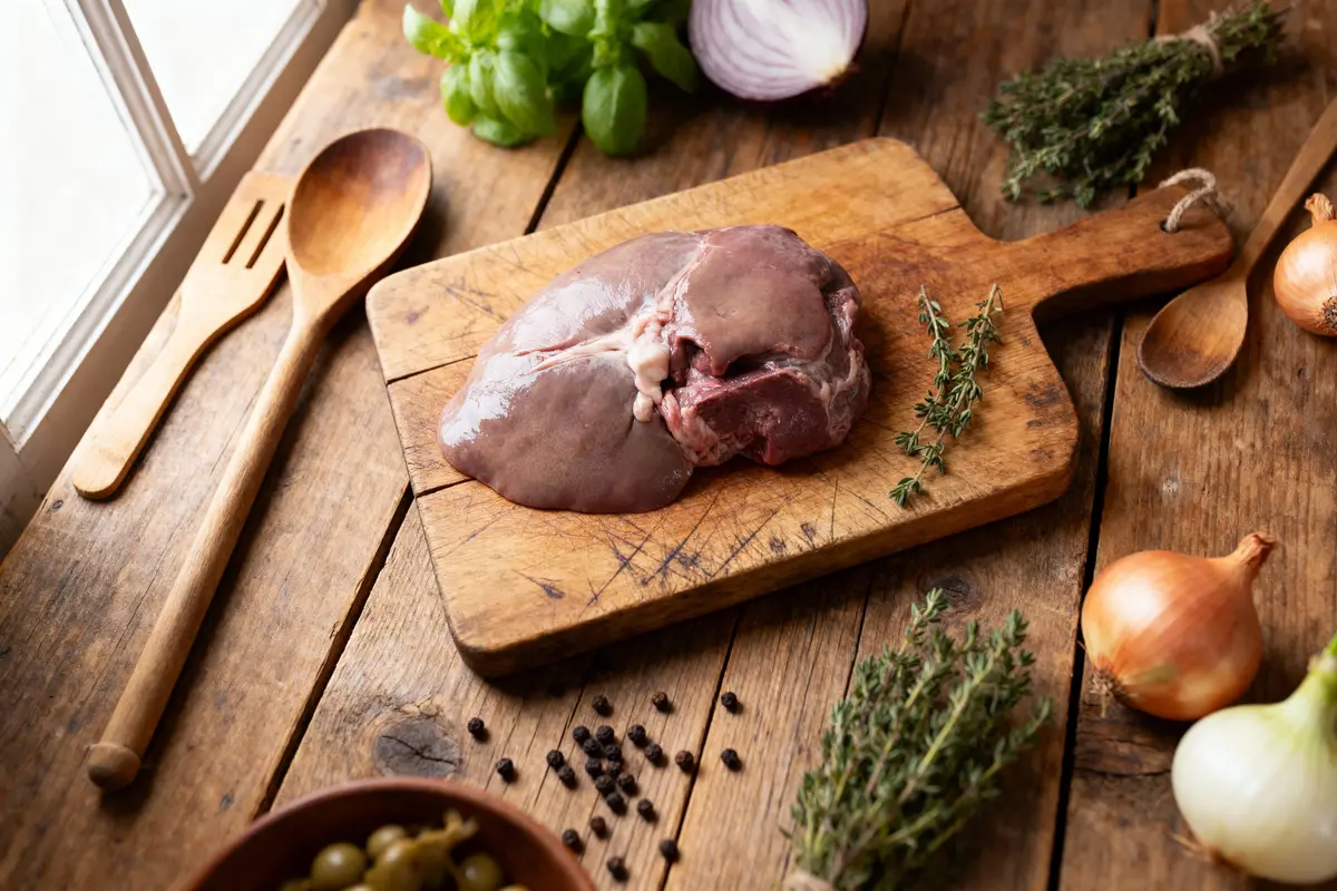 Gros plan d'un foie sur une planche en bois, entouré d'herbes, d'oignons et d'ustensiles de cuisine.