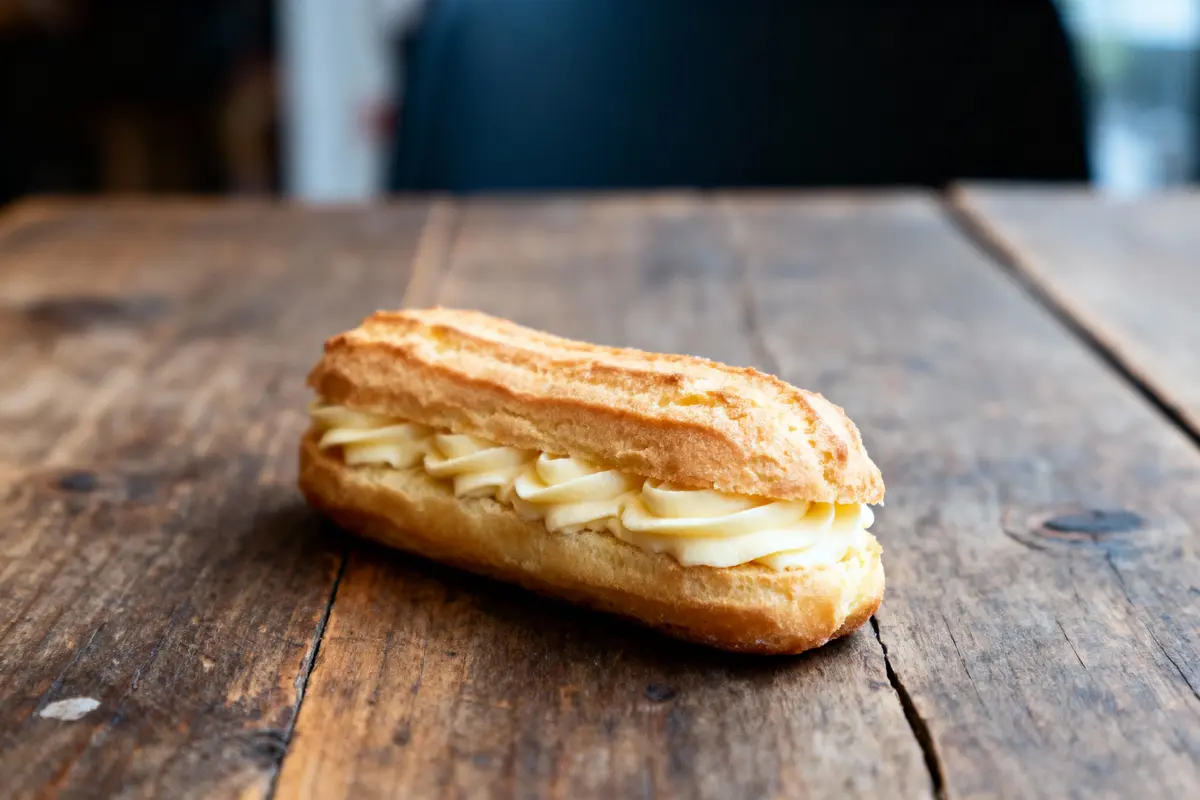 Éclair garni de crème sur une table en bois, mettant en valeur sa texture dorée et sa garniture crémeuse.