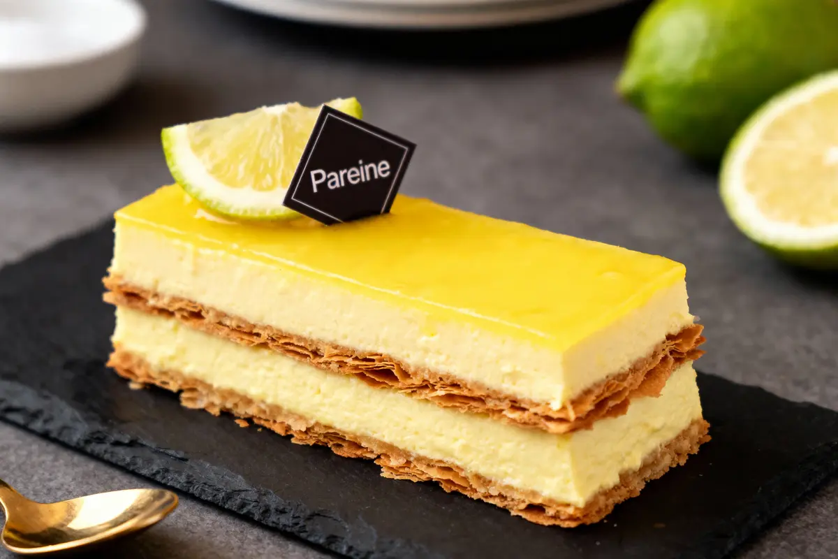 Gâteau à la lime en couches, sur plaque noire, avec une décoration de lime et un logo "Pareine". Éclatante et appétissante.