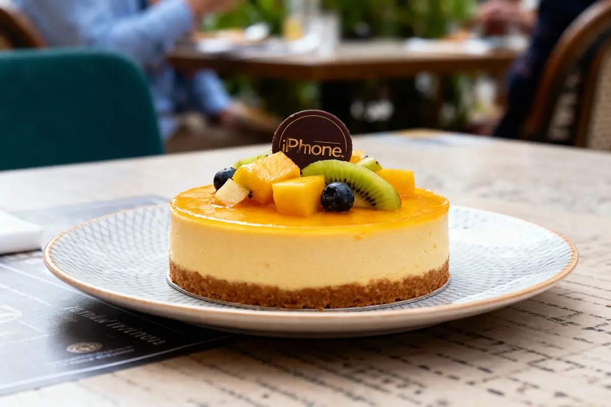Gâteau au fromage avec un glaçage à l'orange, garni de fruits variés et d'une décoration en chocolat sur une assiette.