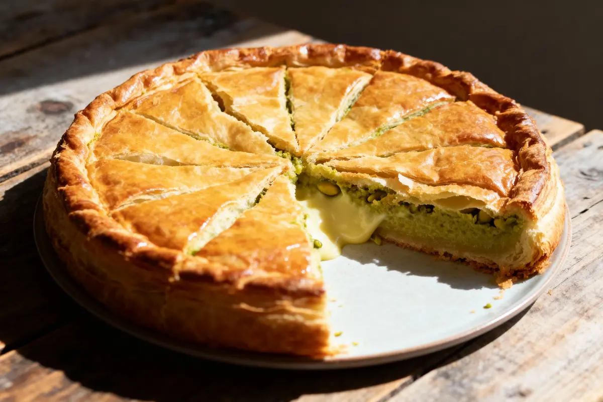 Tarte feuilletée dorée, tranchée, avec une garniture de pistaches et un intérieur coulant crémeux, sur une assiette.