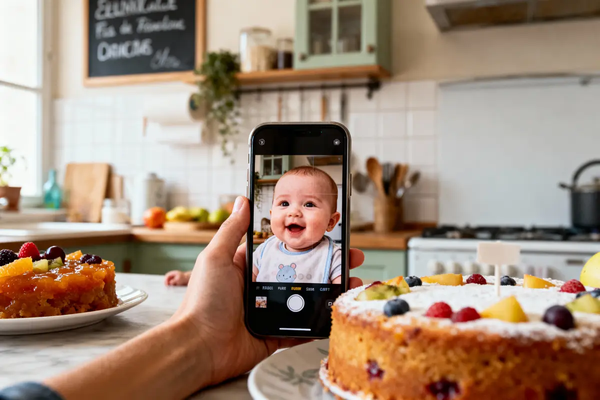 Un téléphone montre un bébé souriant, avec des gâteaux colorés en arrière-plan, dans une cuisine lumineuse et accueillante.