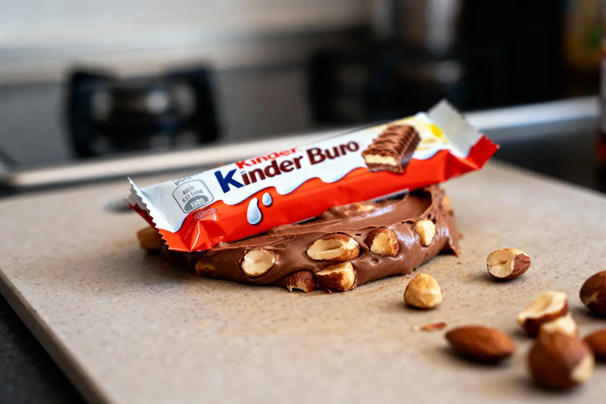 Barre chocolatée Kinder Buro sur un fond en bois, entourée d'amandes et de noisettes éclatées.