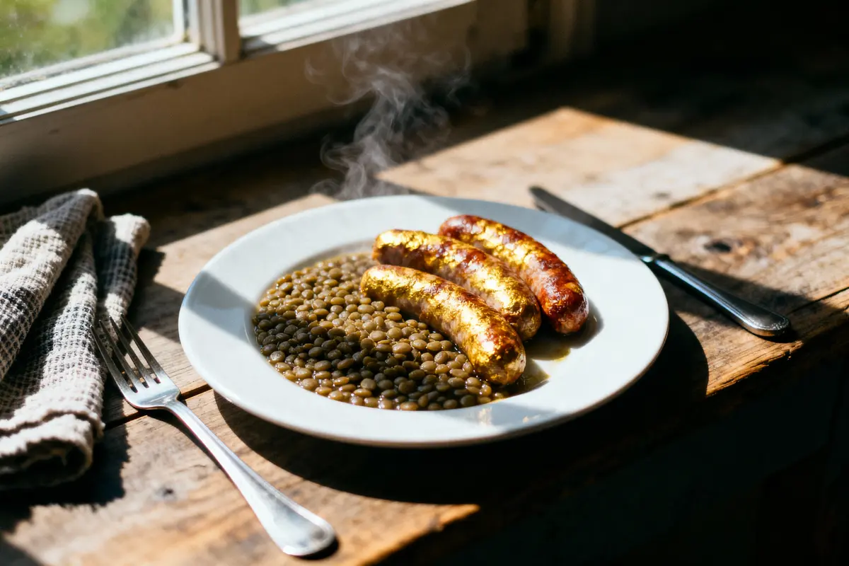Assiette de lentilles fumantes accompagnées de trois saucisses dorées, posée sur une table en bois près d'une fenêtre.