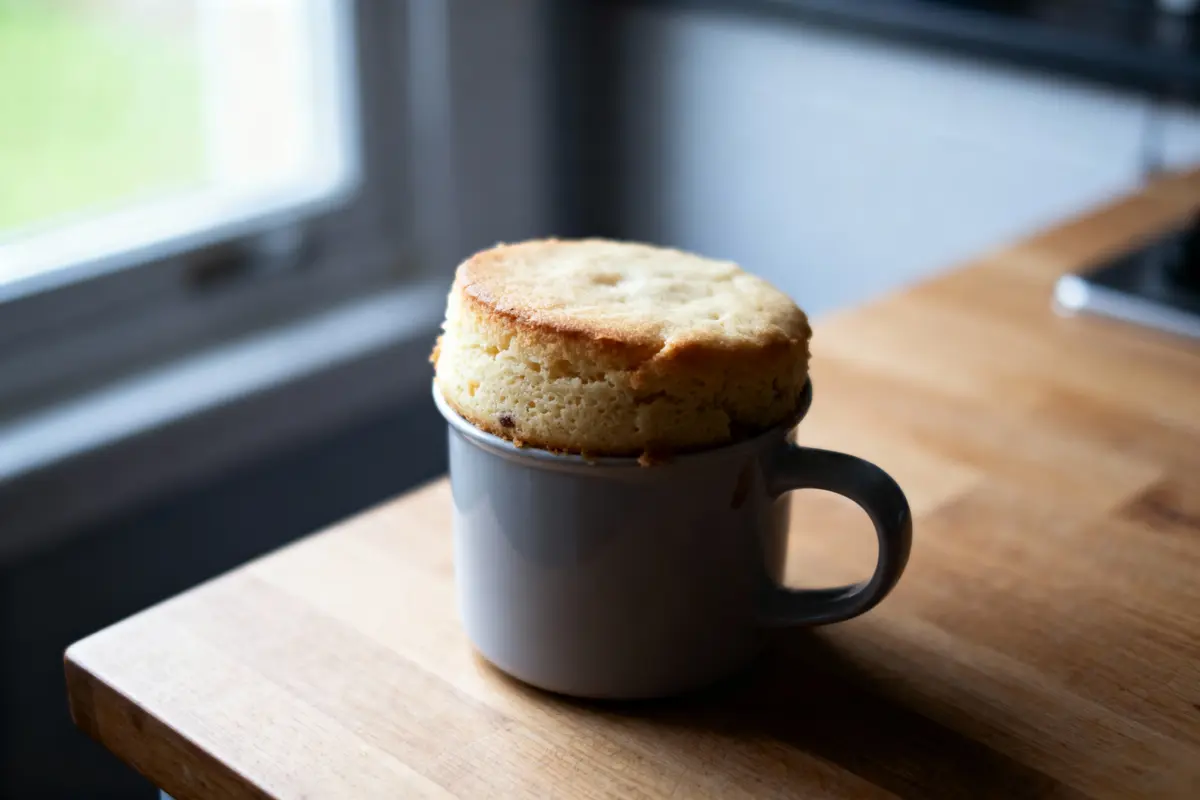 Un mug gris avec un gâteau moelleux débordant sur le dessus, posé sur une table en bois près d'une fenêtre.
