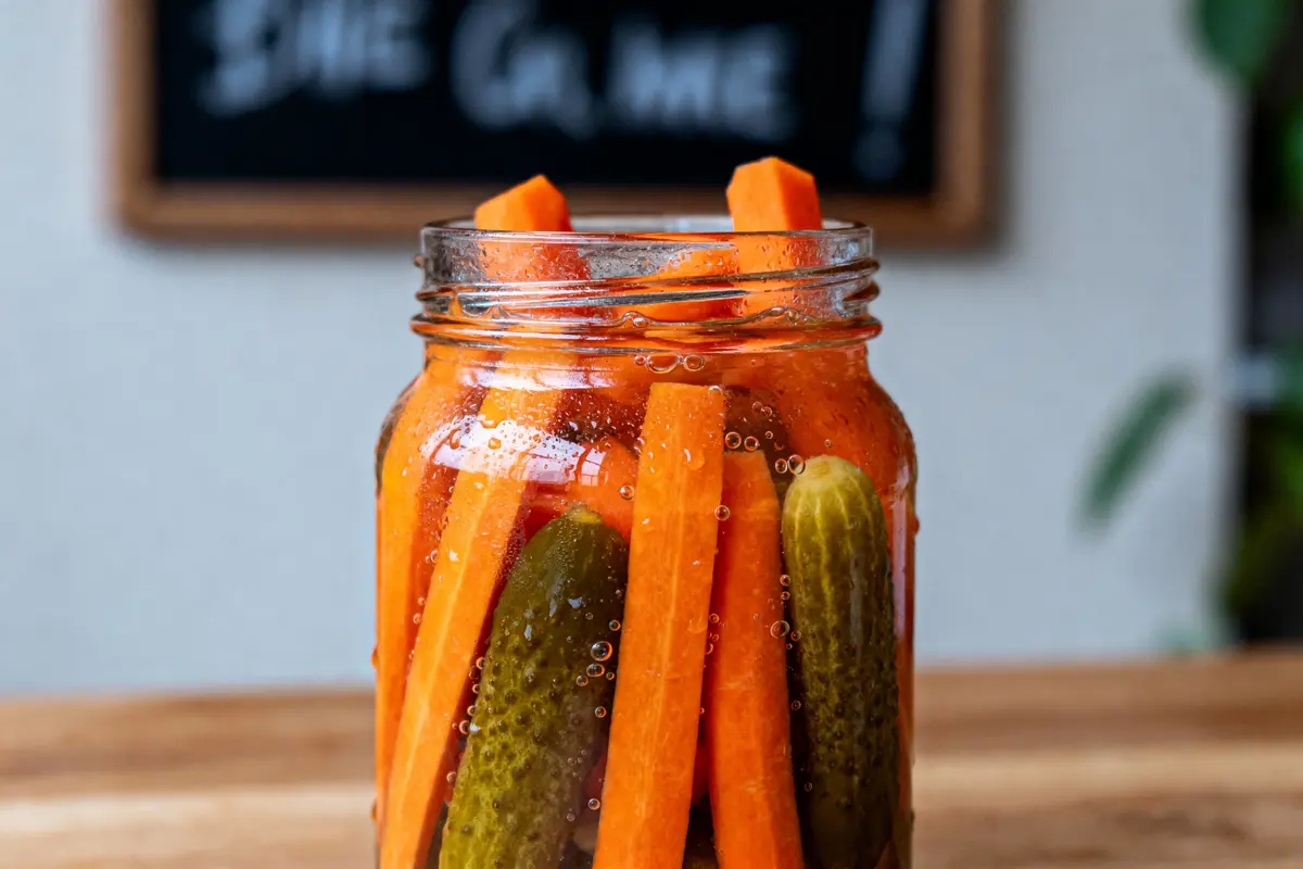 Bocal en verre contenant des carottes et des cornichons marinés, avec des bulles visibles dans le liquide. Fond flou.
