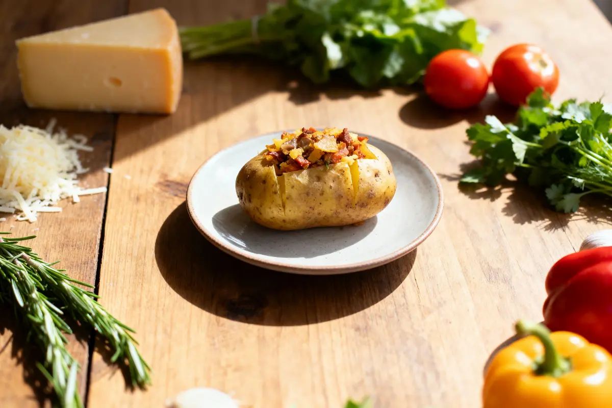 Pomme de terre farcie sur une assiette, entourée de fromage, tomates, herbes fraîches et légumes colorés sur une table en bois.