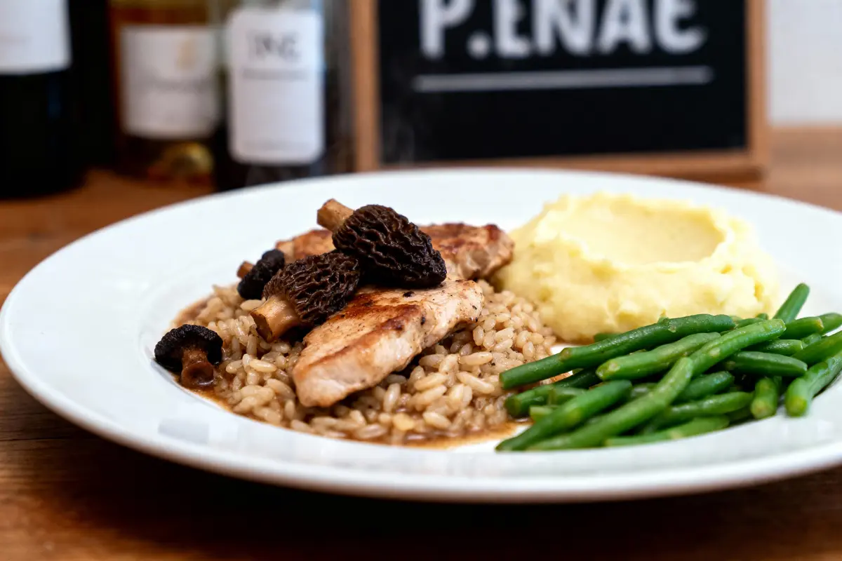 Plat gastronomique avec poulet grillé, risotto, purée de pommes de terre et haricots verts. Champignons en vedette. Décor élégant.