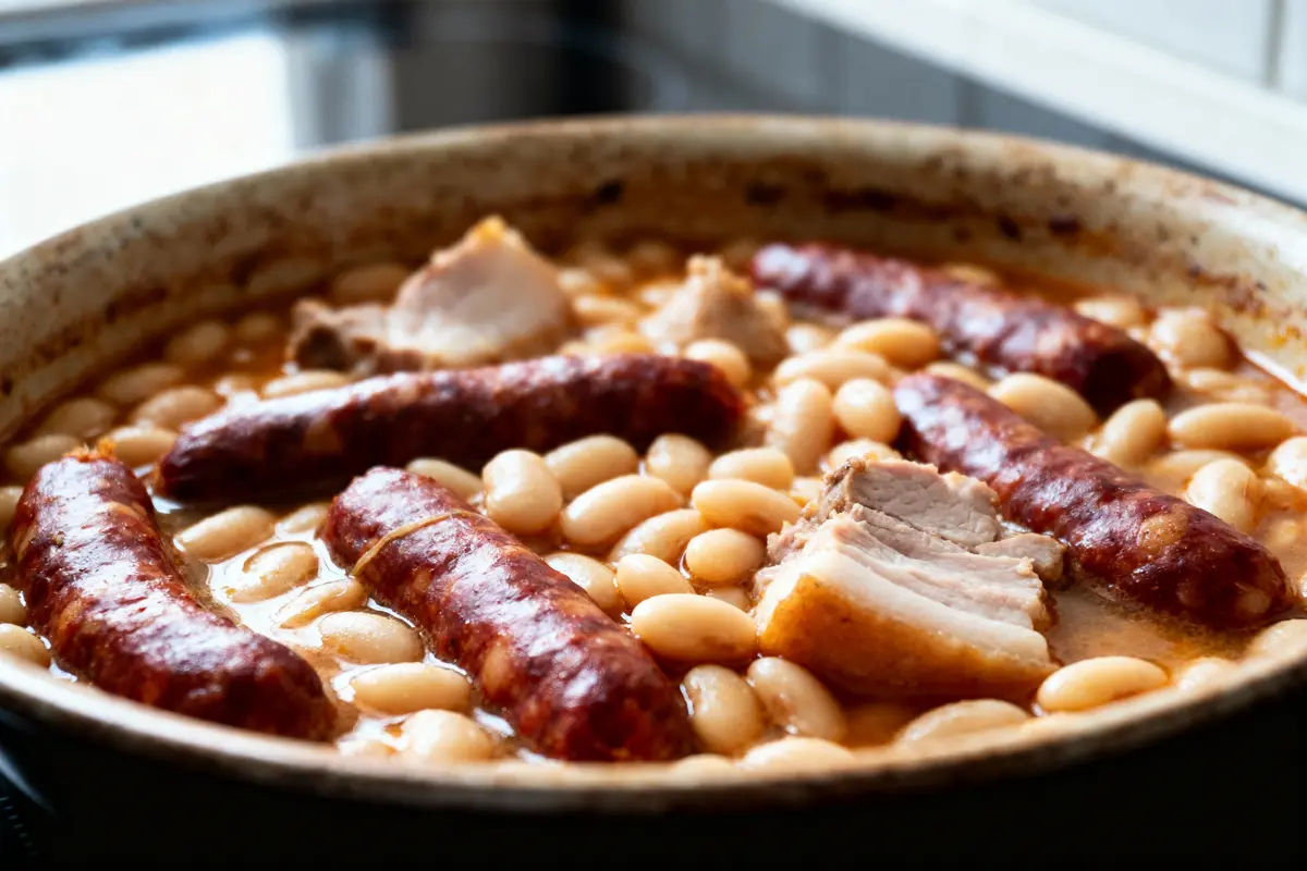 Saucisses et morceaux de viande cuisinés avec des haricots blancs dans une casserole en terre cuite, ambiance chaleureuse.