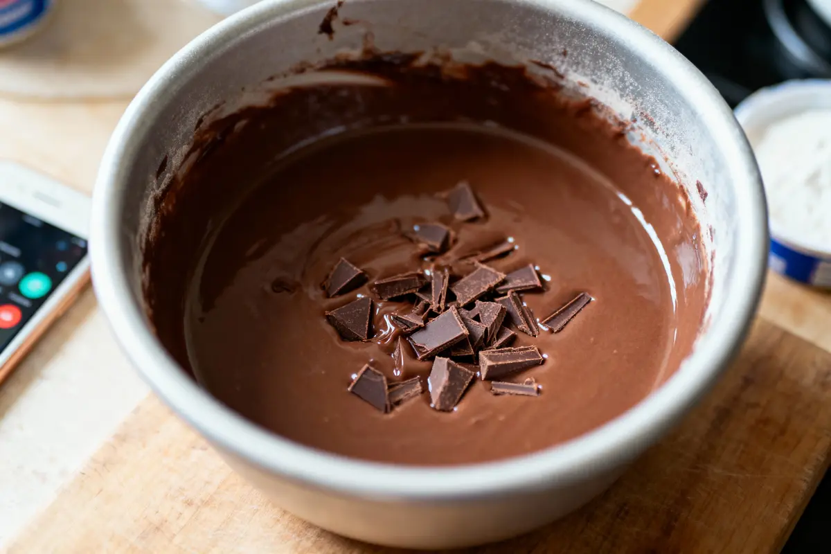 Mélange de pâte au chocolat avec des morceaux de chocolat noir, près d'un téléphone sur une planche en bois.