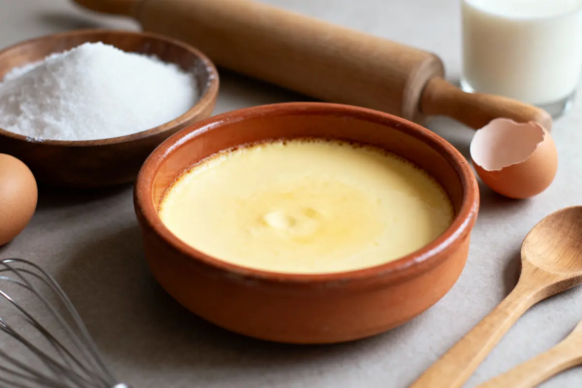 Bols de cuisine avec ingrédients : œufs, sucre, crème, fouet et rouleau à pâtisserie sur une surface gris clair.