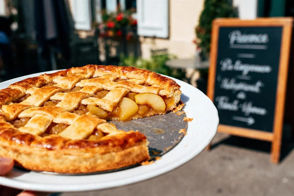 Une tarte aux pommes dorée sur une assiette, avec des morceaux de pommes visibles à l'intérieur, en arrière-plan un panneau noir.