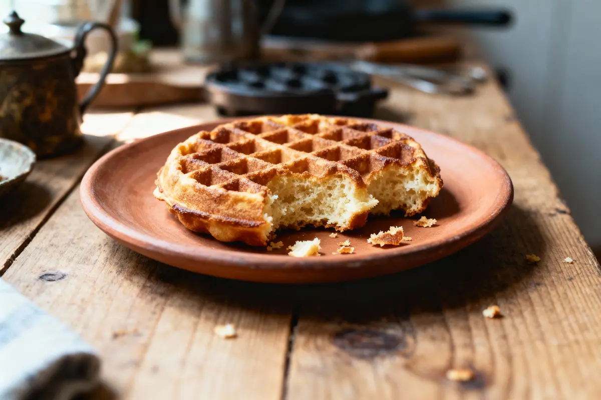 Une gaufre croustillante, partiellement mangée, sur une assiette en terre cuite, avec un fond en bois rustique.