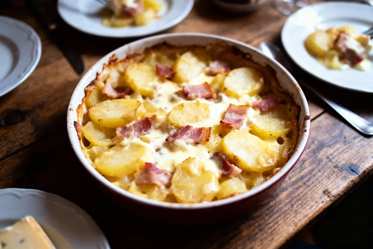 Gratin de pommes de terre crémeux avec morceaux de bacon, servi dans un plat en terre cuite sur une table en bois.