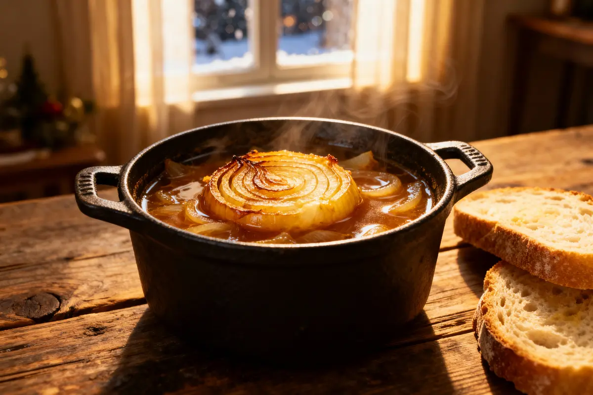 Soupe à l'oignon fumante dans une casserole noire, accompagnée de tranches de pain sur une table en bois, près d'une fenêtre.