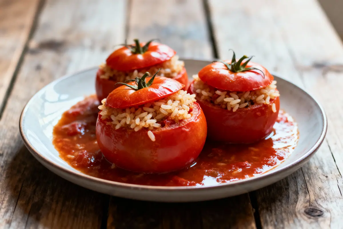 Tomates farcies de riz, servies dans une assiette avec de la sauce tomate, sur une table en bois rustique.