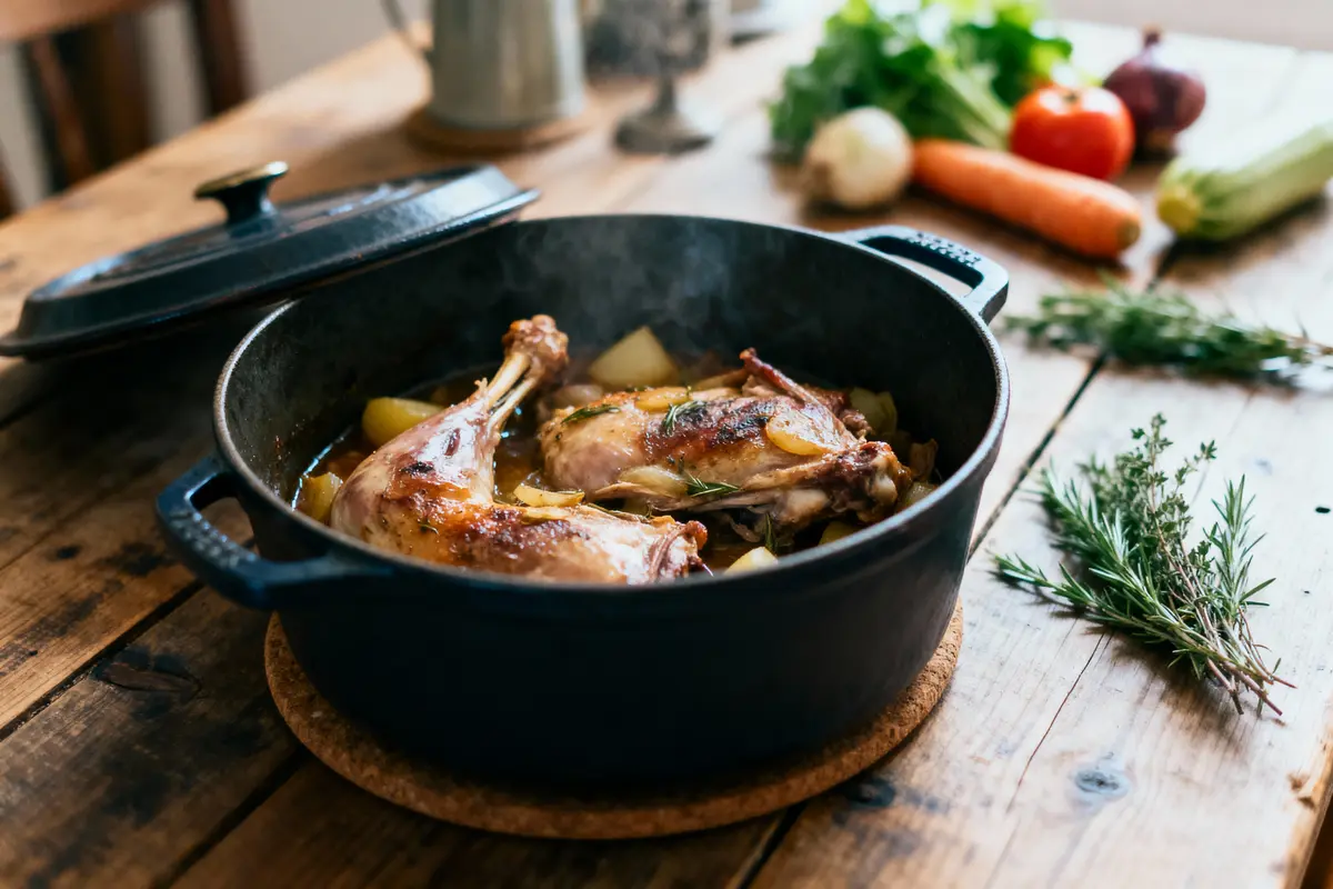 Plat en fonte noir avec des cuisses de poulet cuites, pommes de terre et herbes, sur une table en bois.