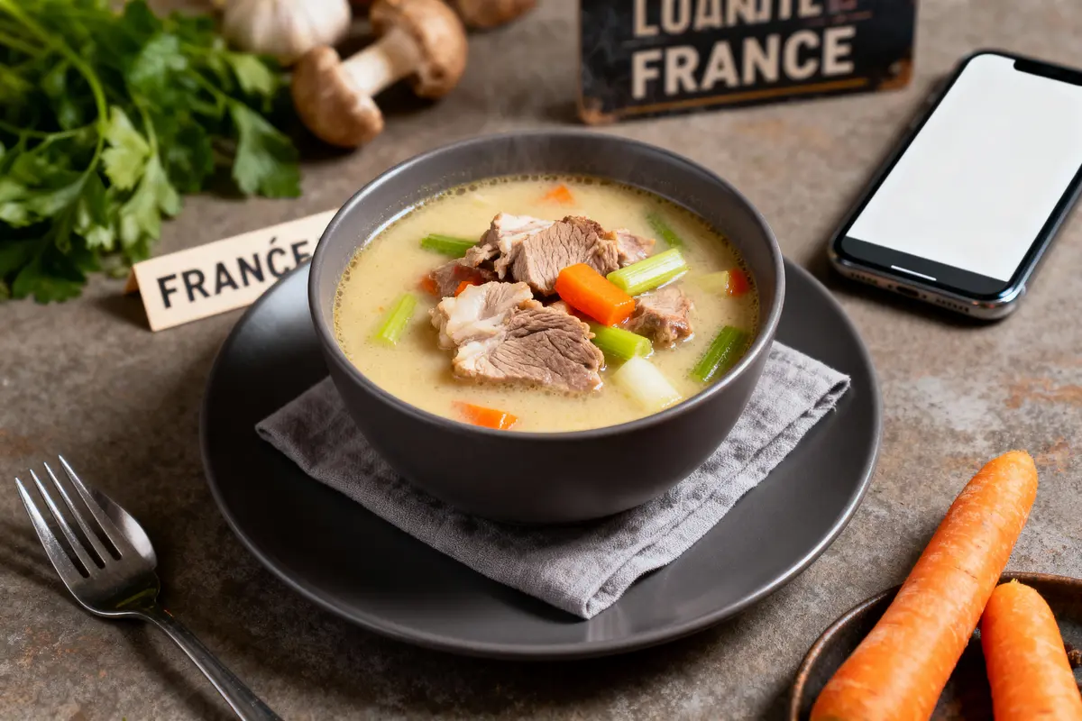 Bol de soupe avec viande, légumes colorés, servie sur une nappe grise, accompagné de carottes fraîches et de champignons.