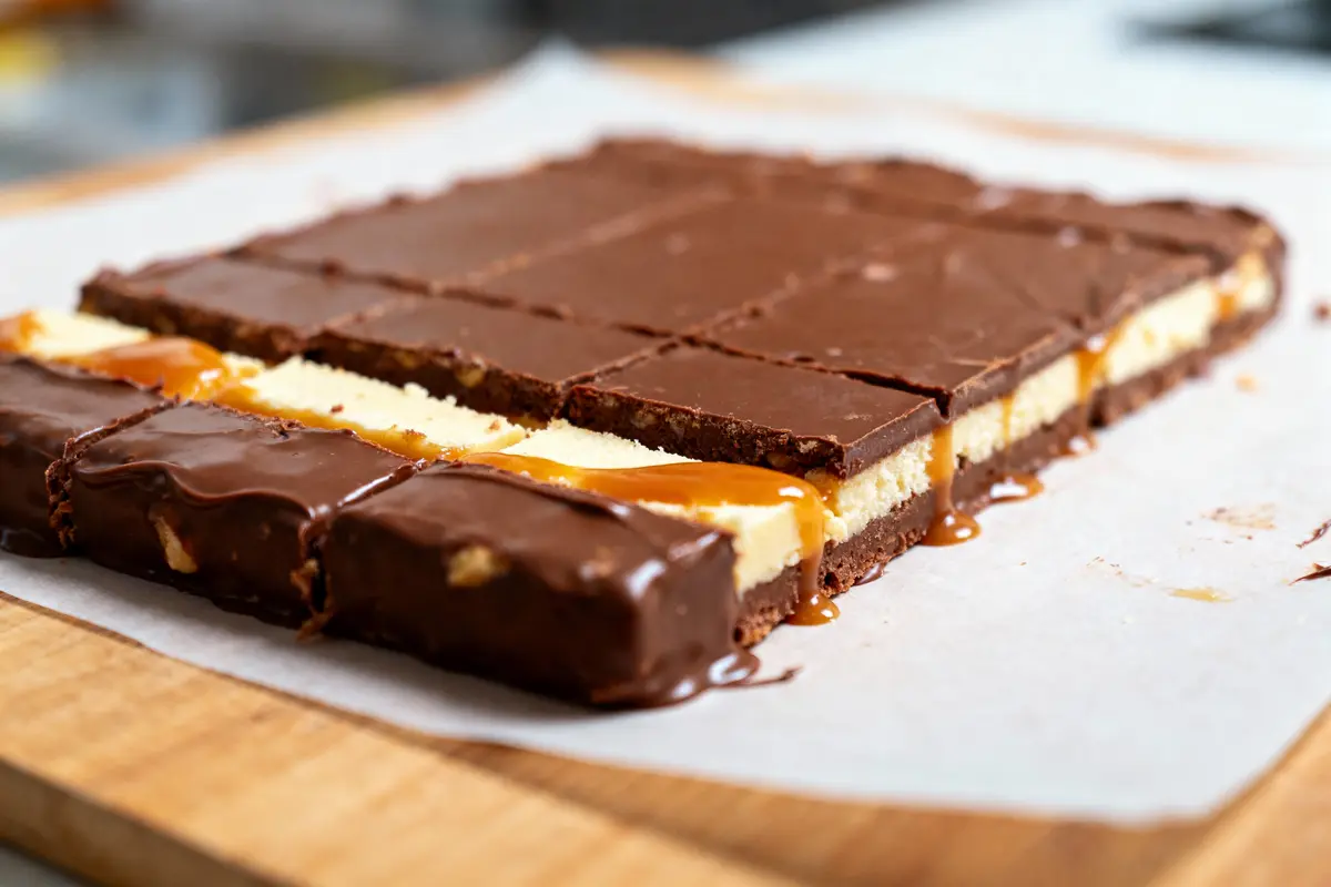 Carré de dessert composé d'une couche de chocolat, de crème et de caramel, découpé en portions sur du papier cuisson.