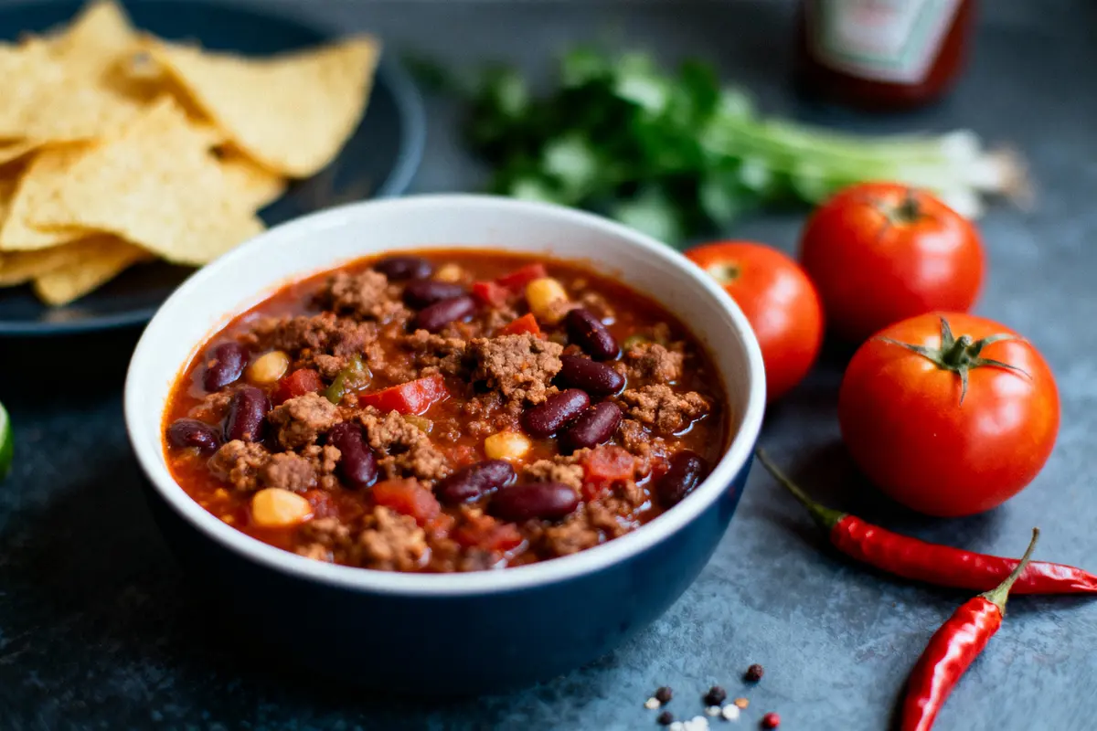 Bol de chili con carne avec haricots, tomates, épices, accompagné de chips tortilla, tomates fraîches et piments rouges.