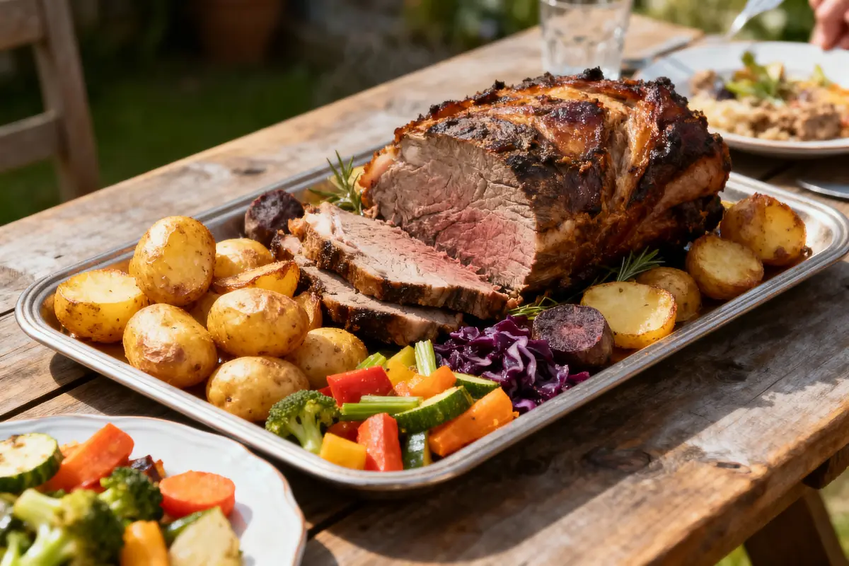 Plat de viande rôtie tranchée, accompagnée de pommes de terre dorées et de légumes colorés sur une table en bois.