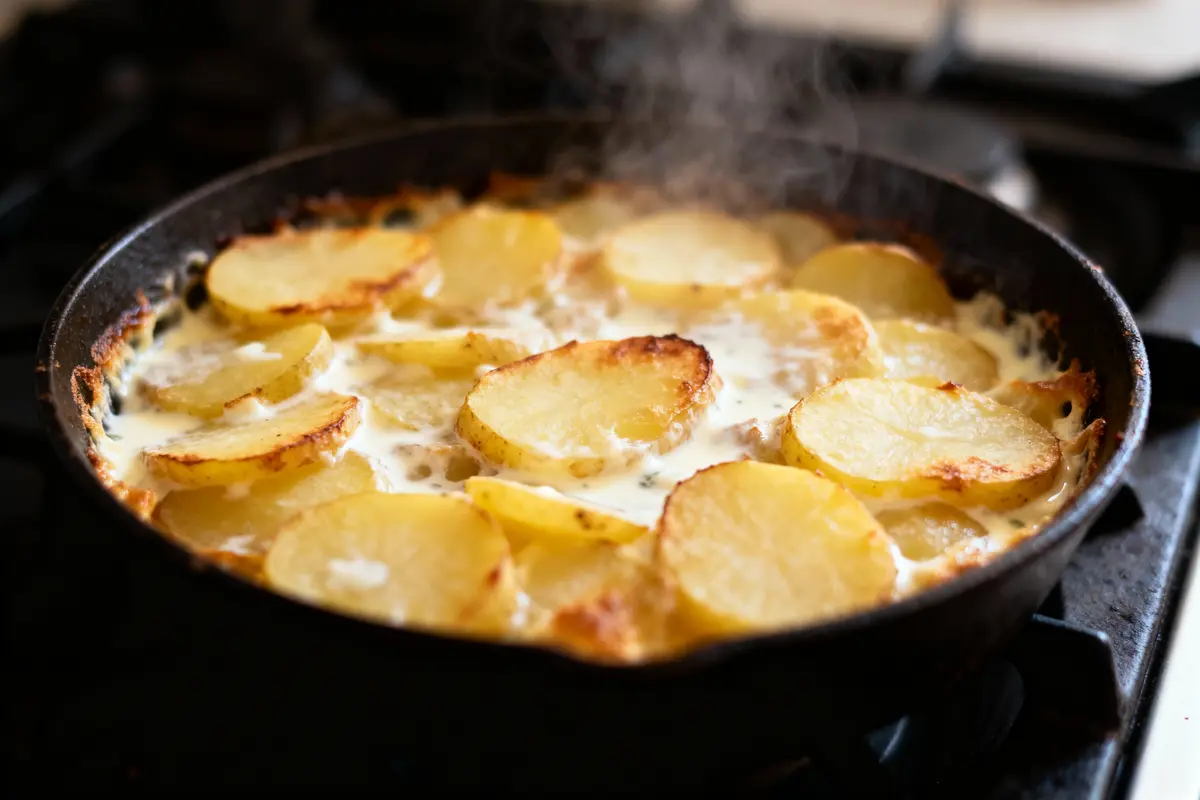 Gratin de pommes de terre dorées dans une poêle, nappées de crème, avec de la vapeur s'échappant.