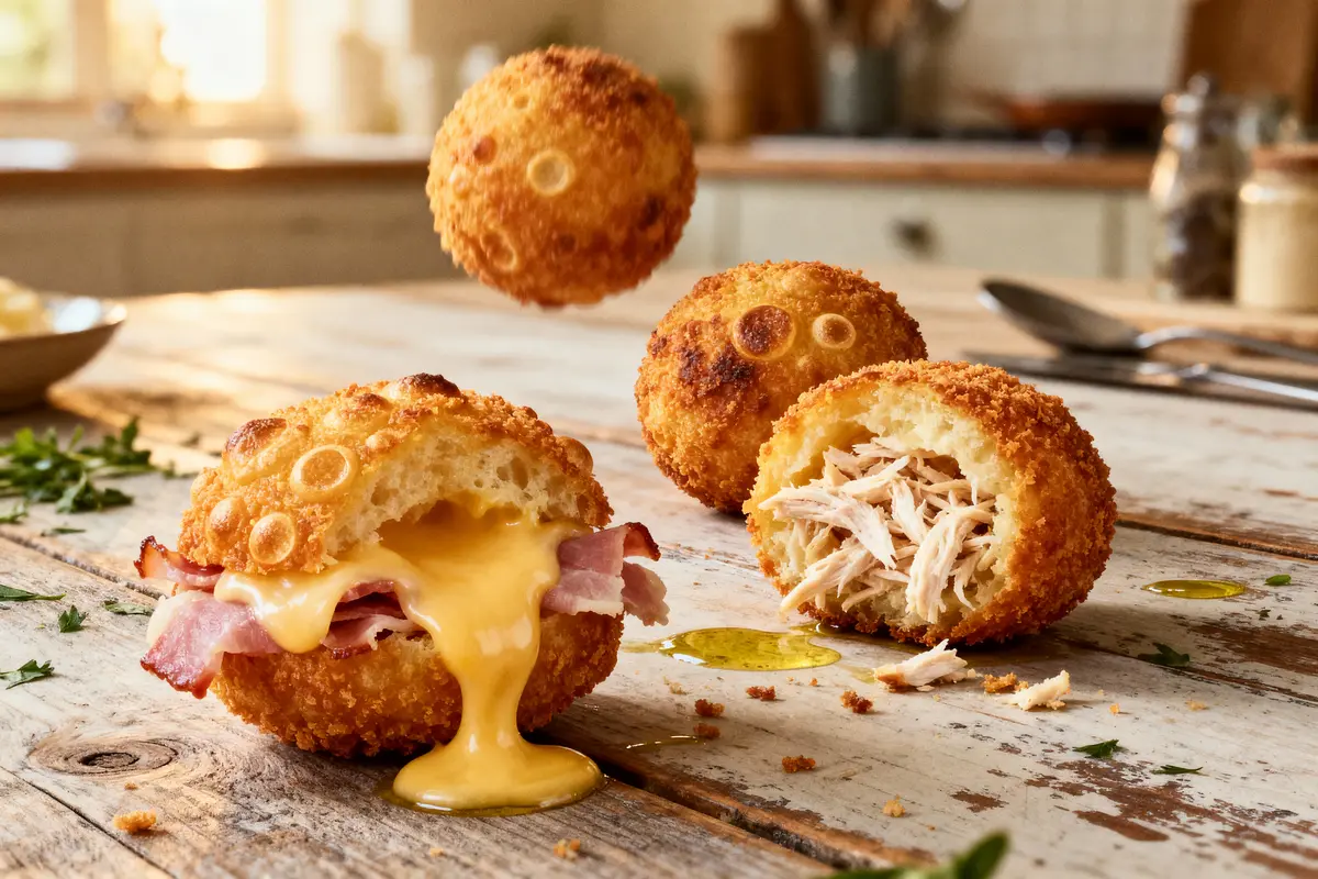 Boules dorées croustillantes avec du fromage fondant et de la viande effilochée, sur une table en bois rustique.