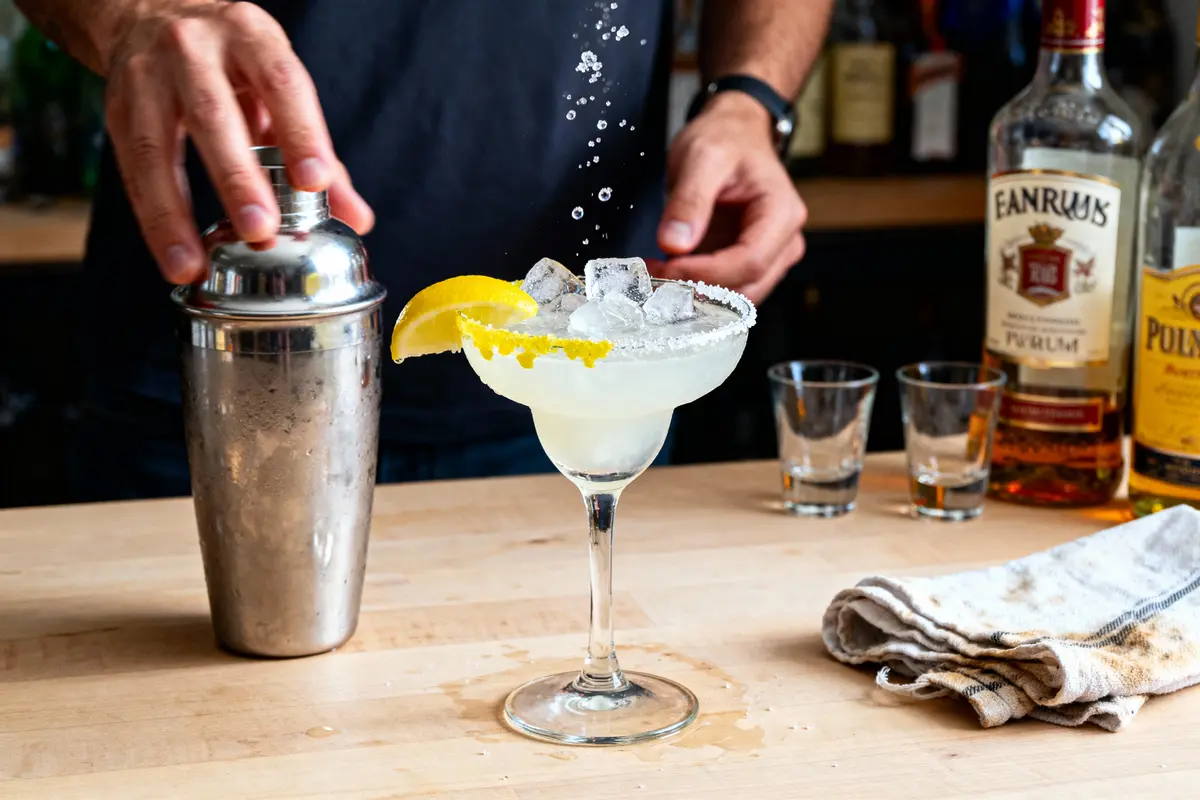 Un cocktail margarita est servi dans un verre avec glaçons, garnie d'un citron, près de bouteilles et un shaker.