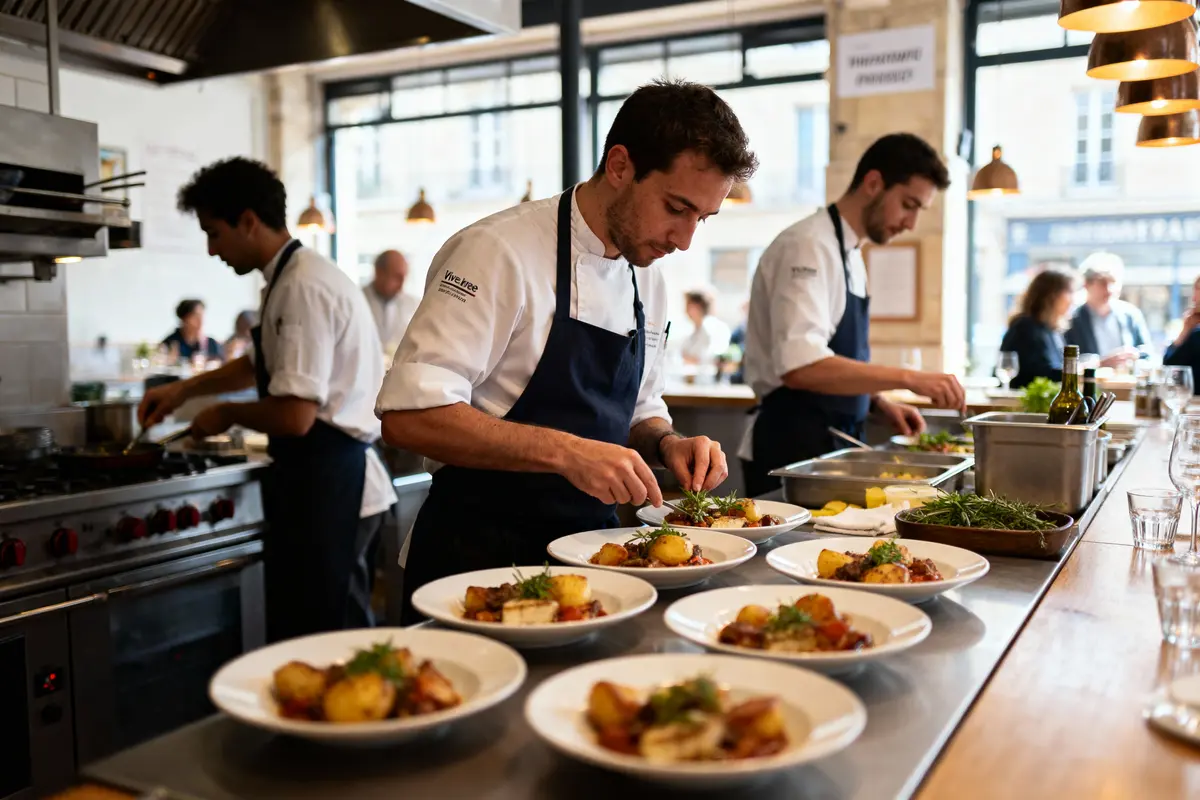Cuisiniers en action dans une cuisine moderne, préparant des plats élégants sur des assiettes blanches au restaurant.