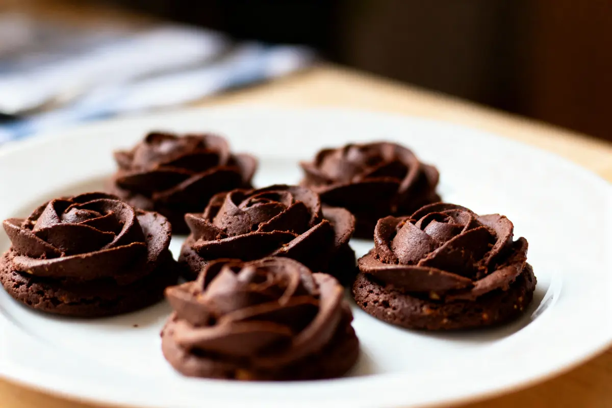 Assiette blanche avec des biscuits en forme de roses au chocolat, décorés de ganache, sur une surface en bois.