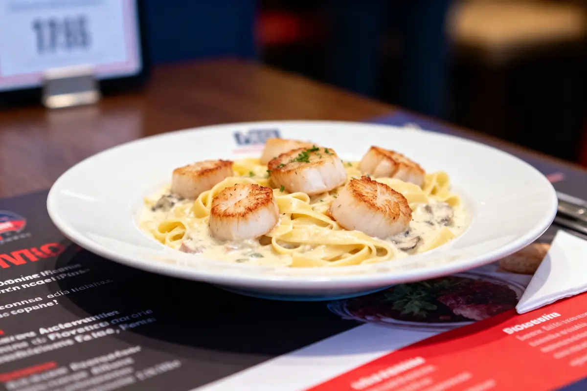 Plat de pâtes avec pétoncles grillés dans une sauce crémeuse, garni de persil, sur une table avec un menu.