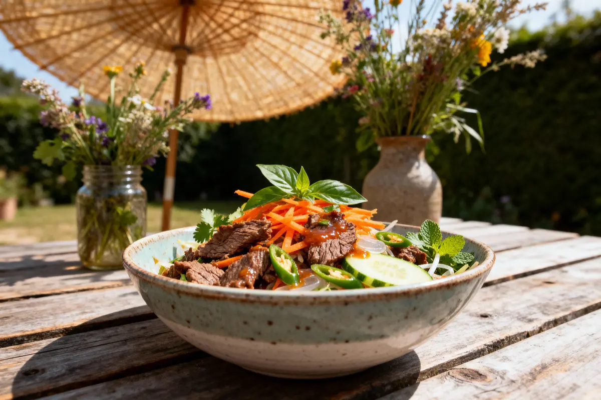 Assiette de salade avec viande, légumes frais, herbes, garnie de carottes et de piments, présentée sur une table en bois, sous un parasol.