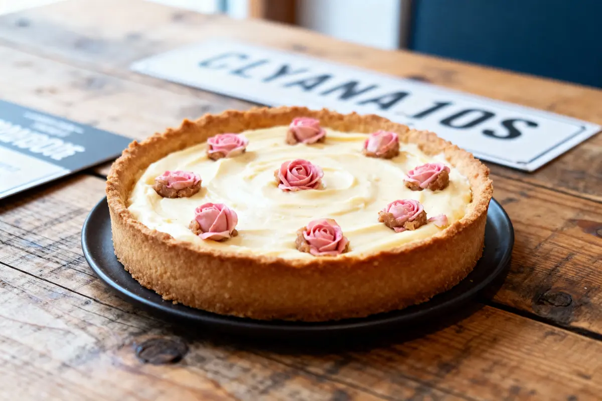 Tarte crémeuse décorée de petites roses en sucre, posée sur une assiette noire, sur une table en bois.