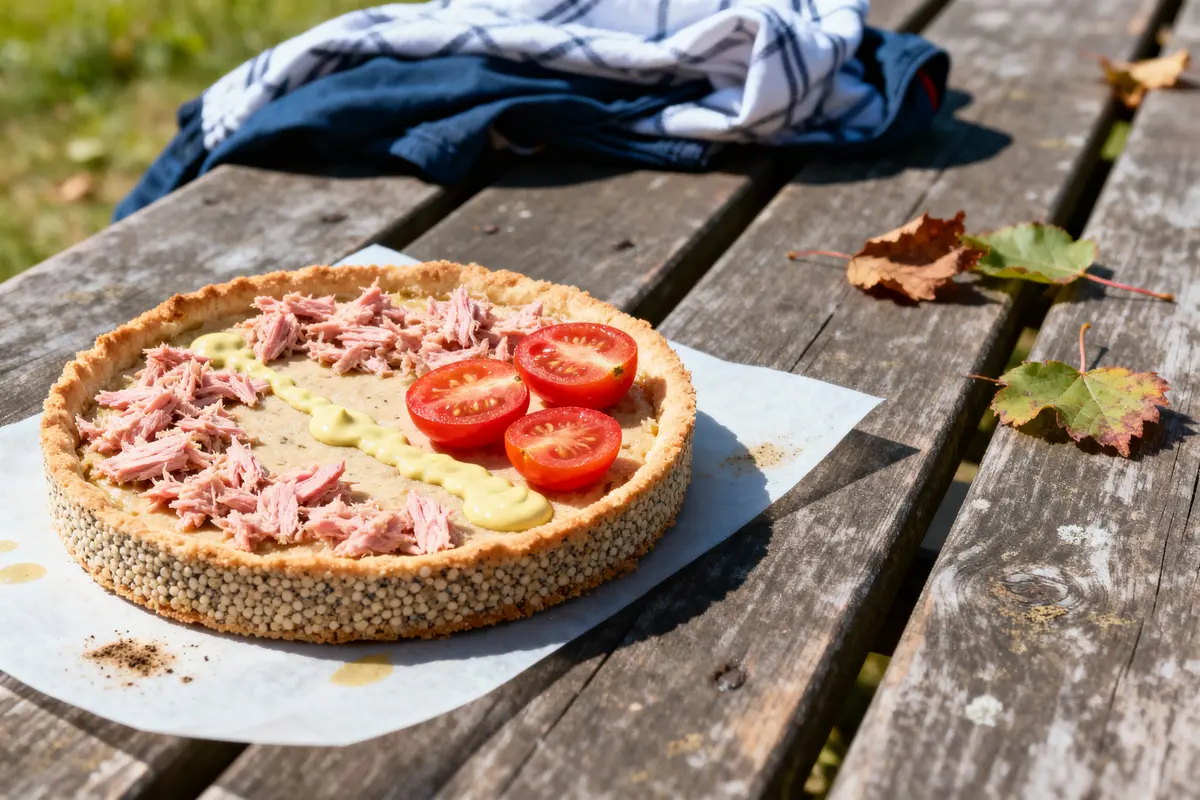 Tarte garnie de viande effilochée, tomates cerises et sauce, posée sur une table en bois avec des feuilles d'automne.