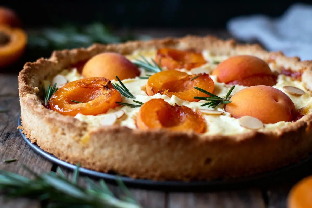 Tarte aux abricots avec crème, garnie d'amandes et de brins de romarin, sur une table en bois.