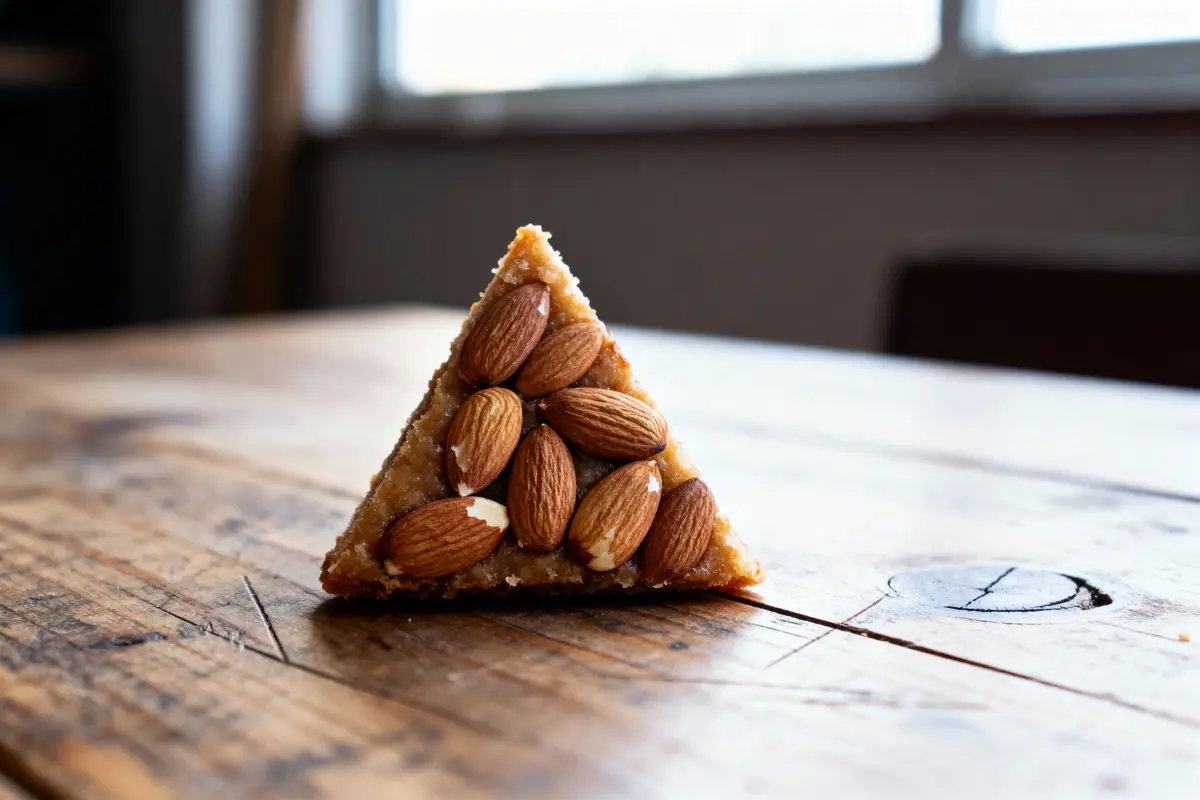 Un triangle de dessert garnie d'amandes sur une table en bois, avec des lumières douces en arrière-plan.