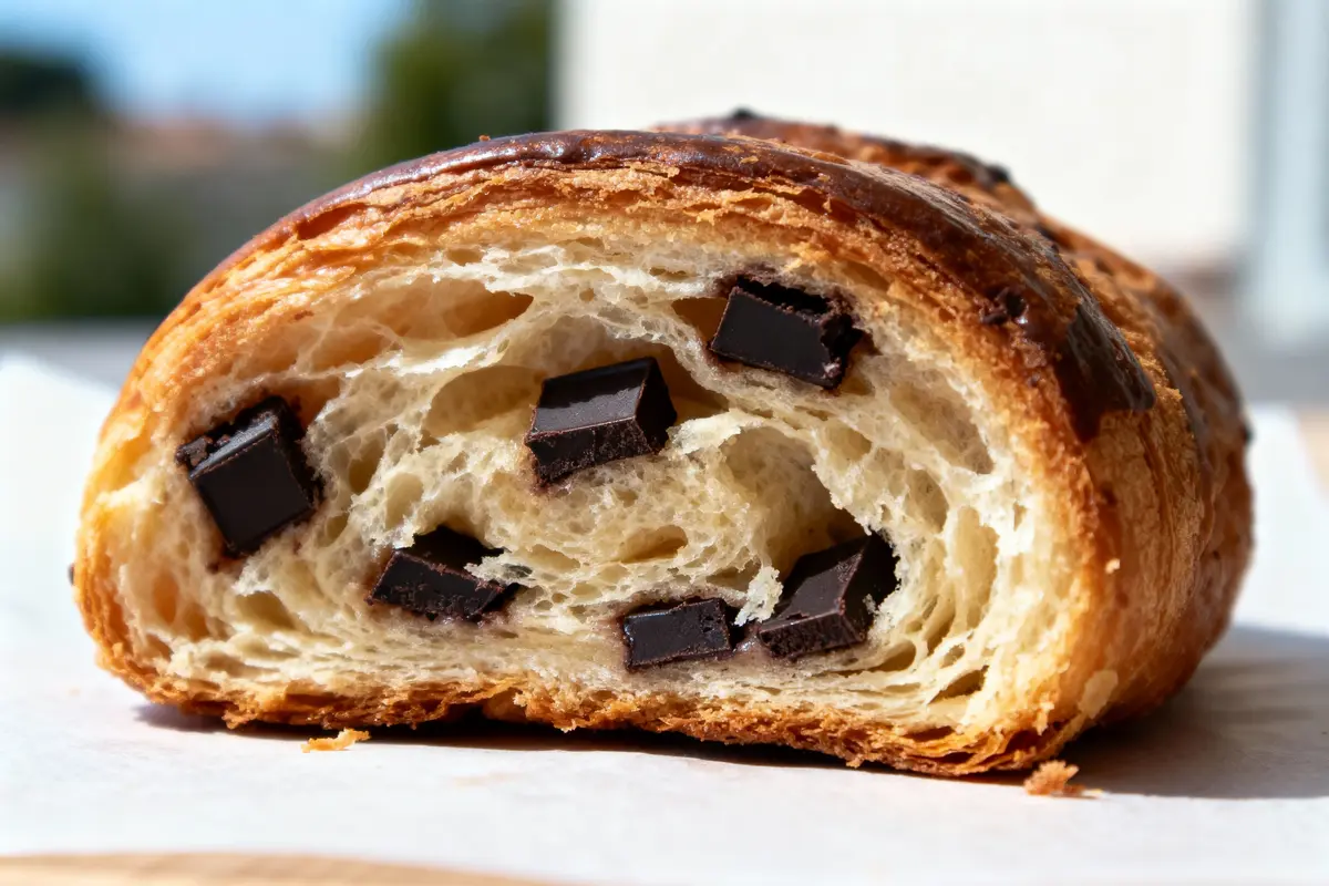 Croissant moelleux coupé en deux, présentant des morceaux de chocolat noir à l'intérieur sur un fond flou.