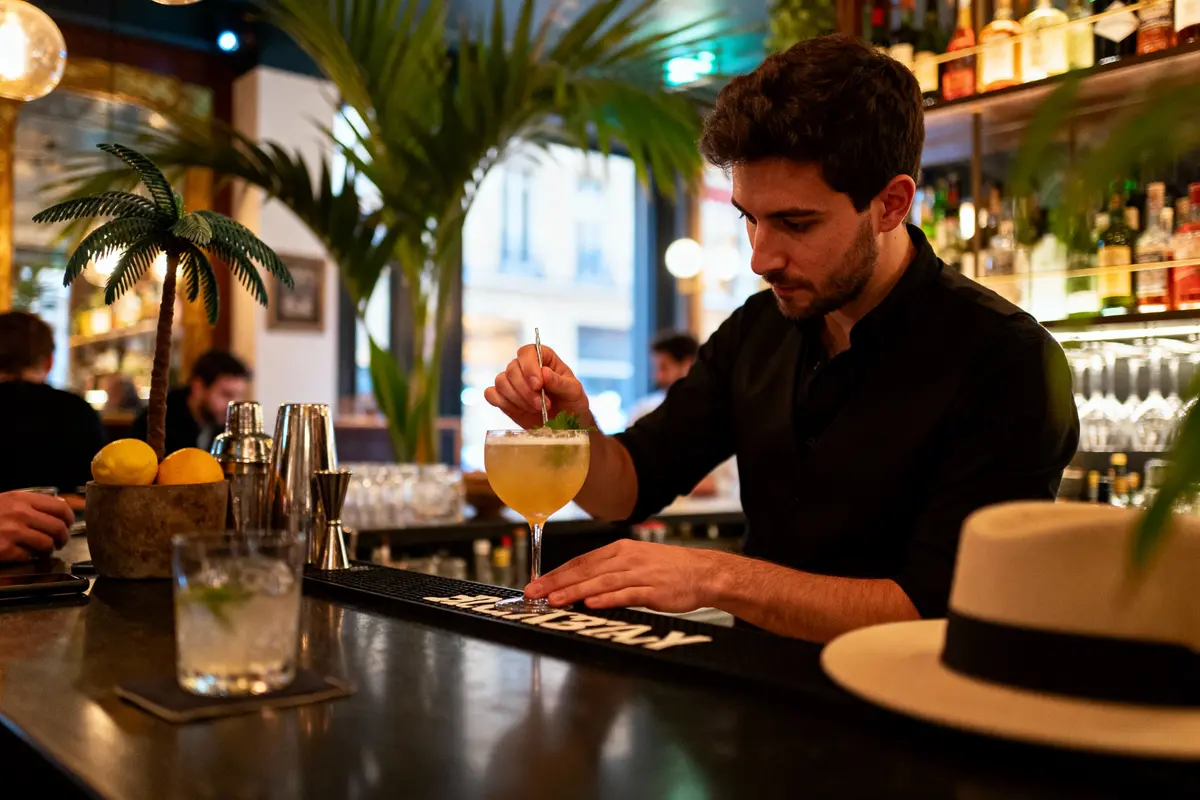 Un barman prépare un cocktail au bar, ambiance tropicale, avec des plantes et bouteilles en arrière-plan.