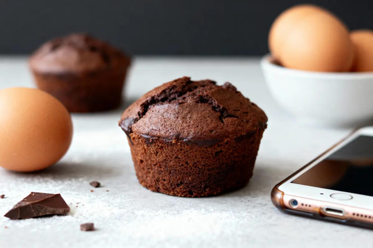 Muffin au chocolat, oeuf, téléphone et bol d'oeufs en arrière-plan sur table blanche.