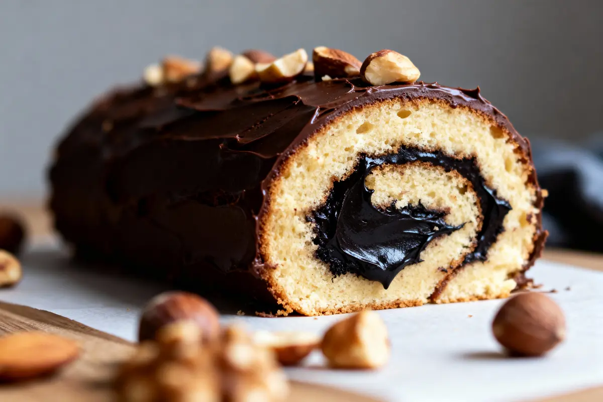 Gâteau roulé à la crème chocolatée, garni de noisettes, posé sur une planche en bois.