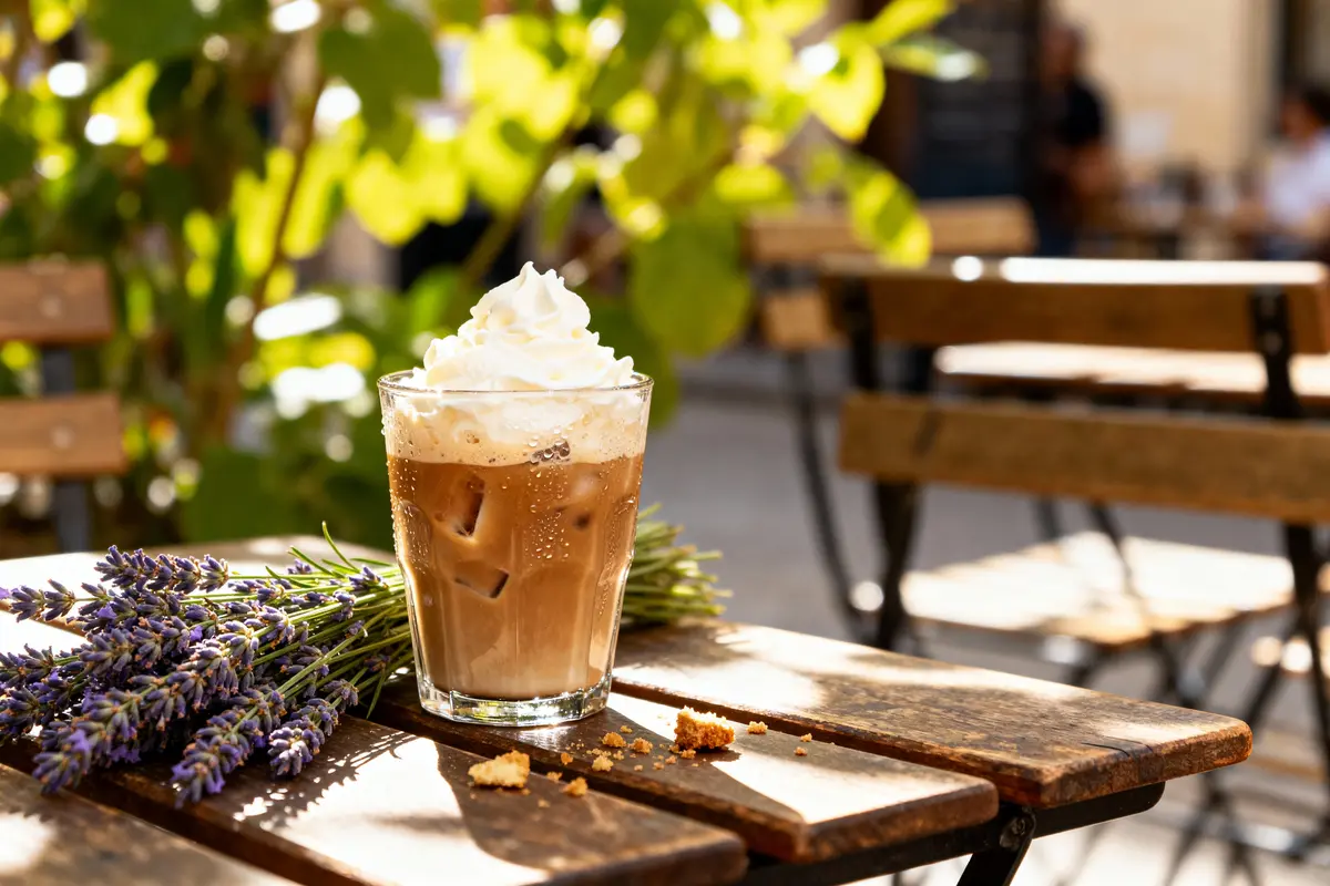 Verre de café glacé avec crème chantilly, lavande et miettes sur table en bois ensoleillée.