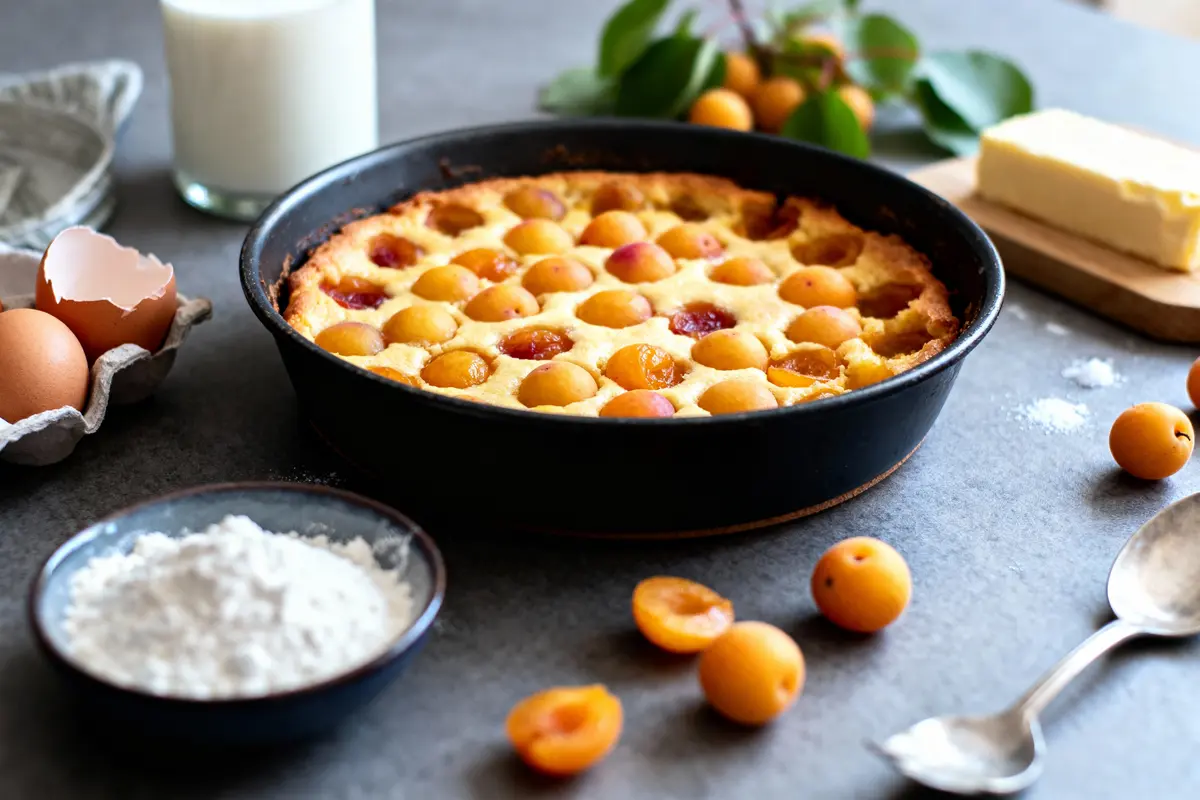 Plat de clafoutis aux mirabelles, entouré d'ingrédients : œufs, farine, lait, beurre, sur une table grise.